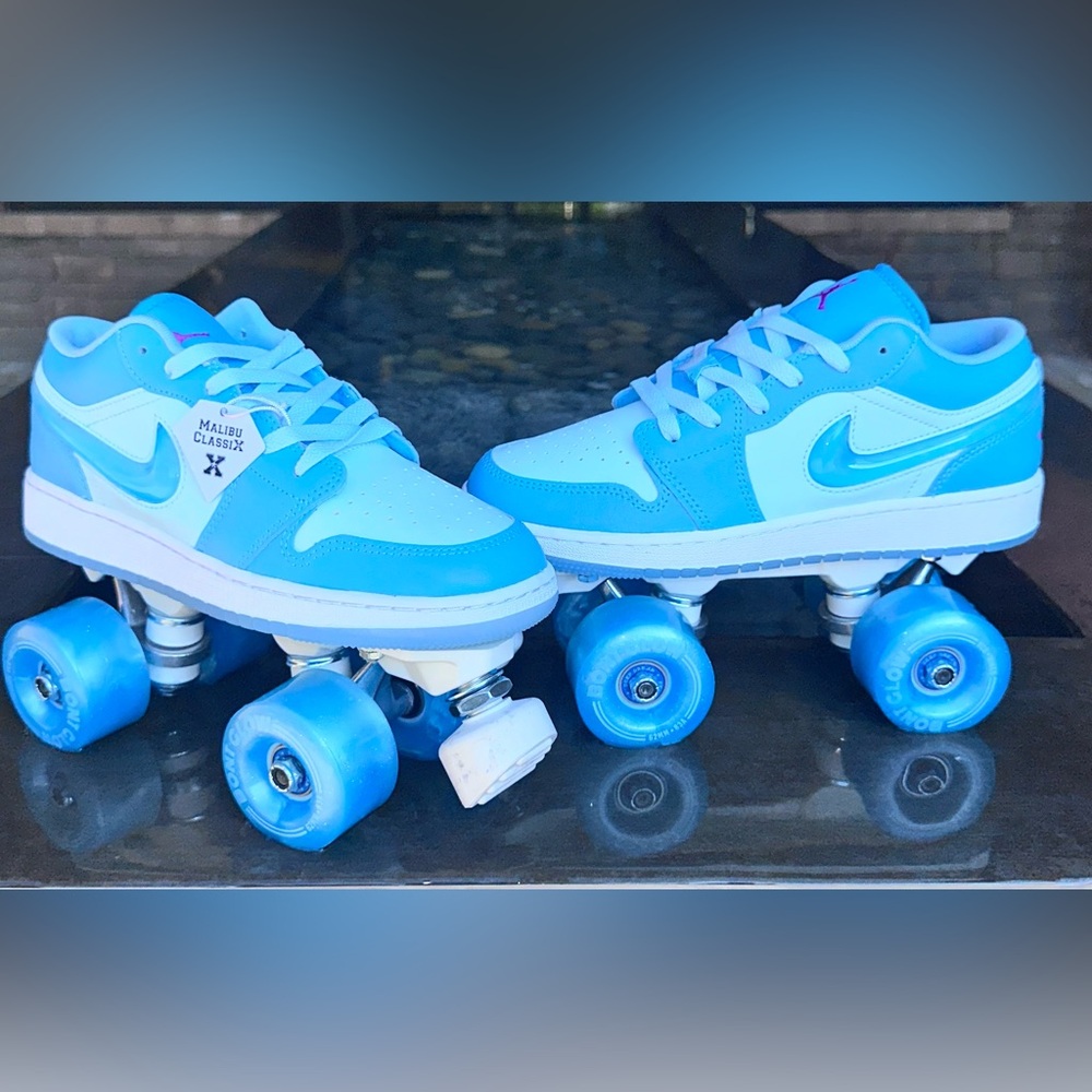 "Aqua Blue" 1 of 1 Jordan 1,custom Roller Skates w/ Bont light up, Glow wheels